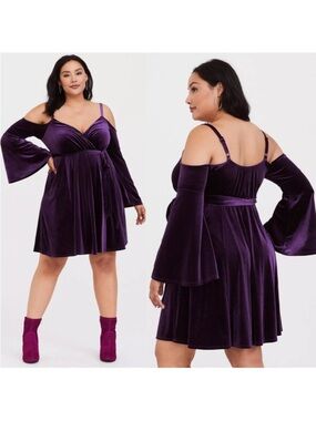 Torrid Purple Velvet Dress Size 2 2X Surplus Faux Wrap Deep V Neck Off Shoulder